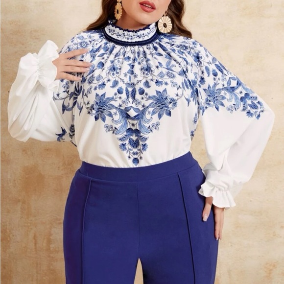 Boho Floral Print Frill Flounce Sleeve Top Blouse Shirt White Blue - Picture 2 of 4